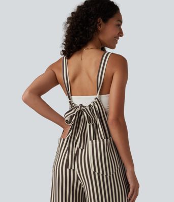 Tie-back Stripes Casual Baggy Overalls with Pockets