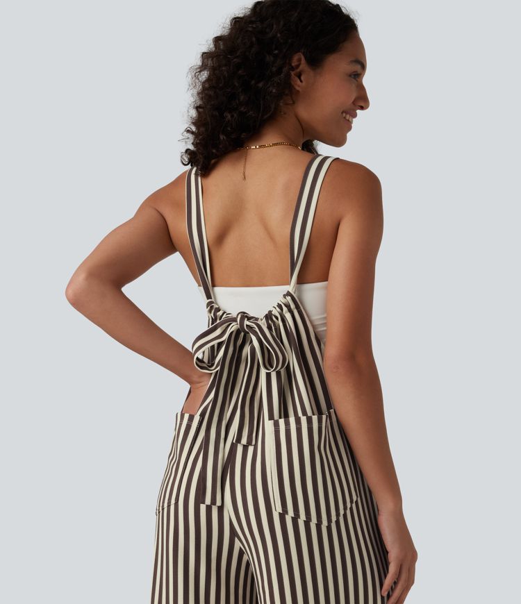 Tie-back Stripes Casual Baggy Overalls with Pockets