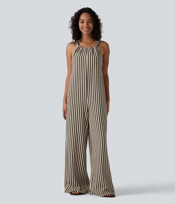 Tie-back Stripes Casual Baggy Overalls with Pockets