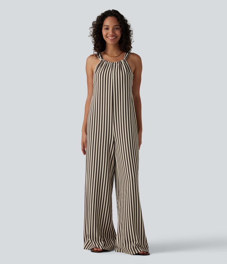Tie-back Stripes Casual Baggy Overalls with Pockets