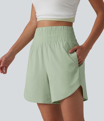 High Waisted Curved Hem Casual Stretch Linen Shorts 5'' with Pockets