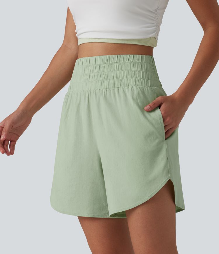 High Waisted Curved Hem Casual Stretch Linen Shorts 5'' with Pockets