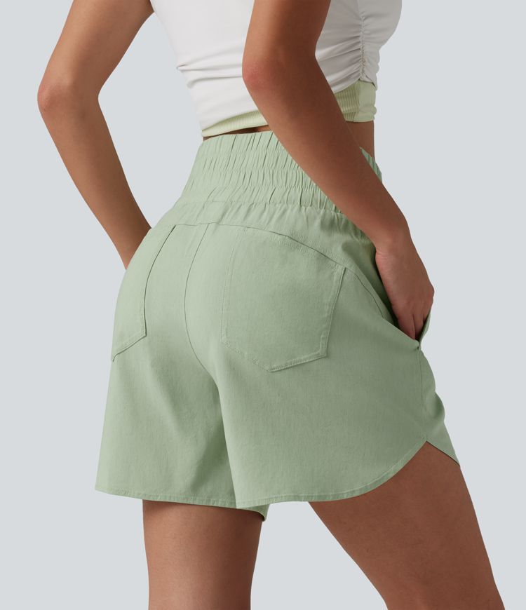 High Waisted Curved Hem Casual Stretch Linen Shorts 5'' with Pockets