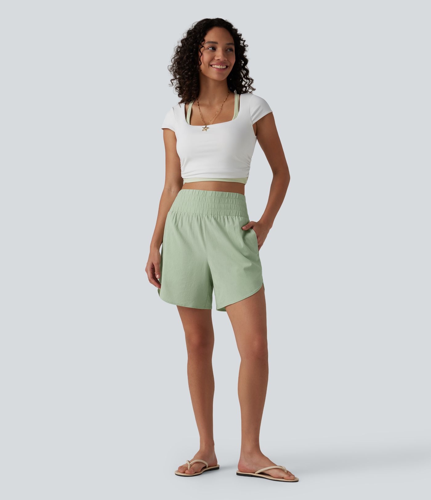 High Waisted Curved Hem Casual Stretch Linen Shorts 5'' with Pockets