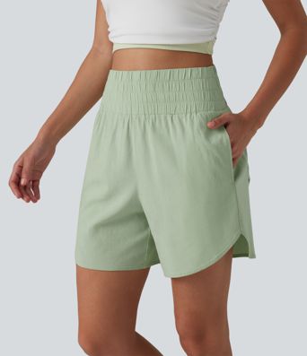 High Waisted Curved Hem Casual Stretch Linen Shorts 5'' with Pockets