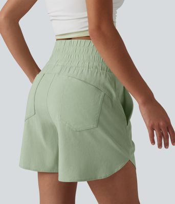 High Waisted Curved Hem Casual Stretch Linen Shorts 5'' with Pockets