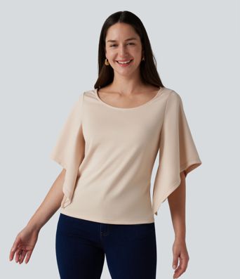 Round Neck Flounce 3/4 Sleeve Casual Blouse