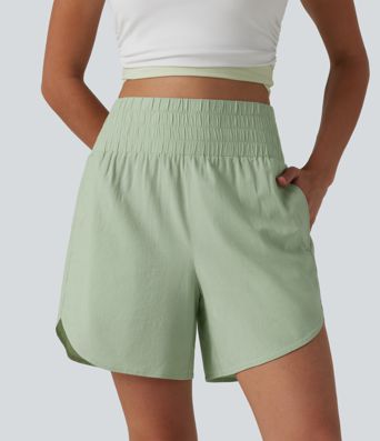 High Waisted Curved Hem Casual Stretch Linen Shorts 5'' with Pockets