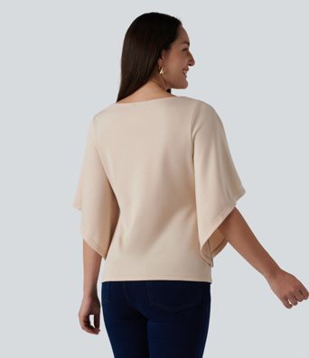 Round Neck Flounce 3/4 Sleeve Casual Blouse