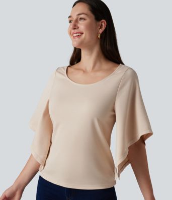 Round Neck Flounce 3/4 Sleeve Casual Blouse