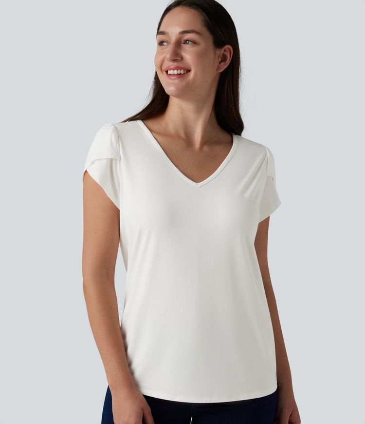 V Neck Petal Short Sleeve Casual T-Shirt