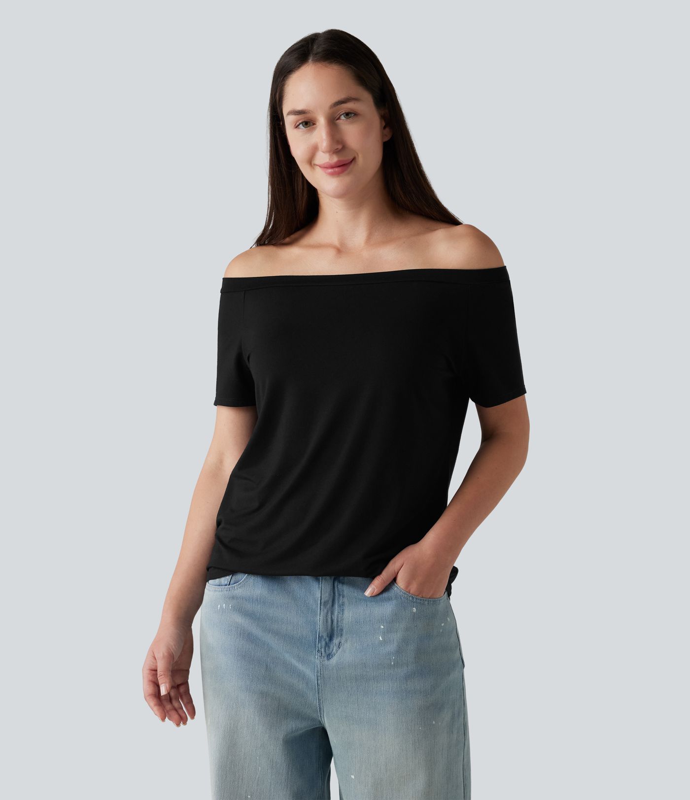 T-shirt casual col épaules dénudées manches courtes