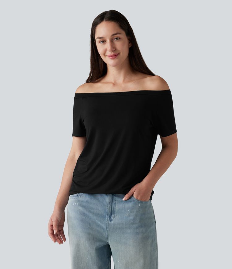 T-shirt casual col épaules dénudées manches courtes