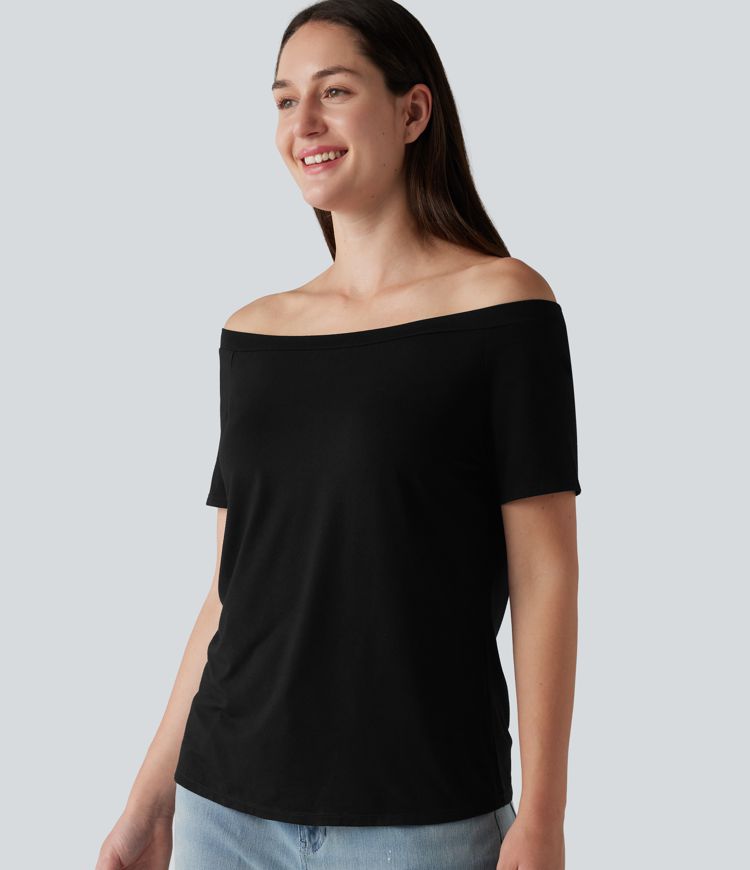 T-shirt casual col épaules dénudées manches courtes