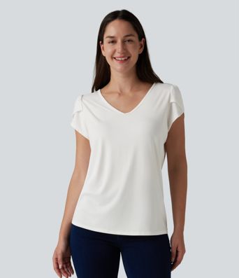 V Neck Petal Short Sleeve Casual T-Shirt