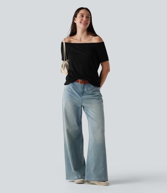 T-shirt casual col épaules dénudées manches courtes