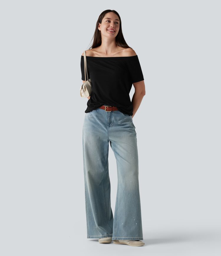 T-shirt casual col épaules dénudées manches courtes