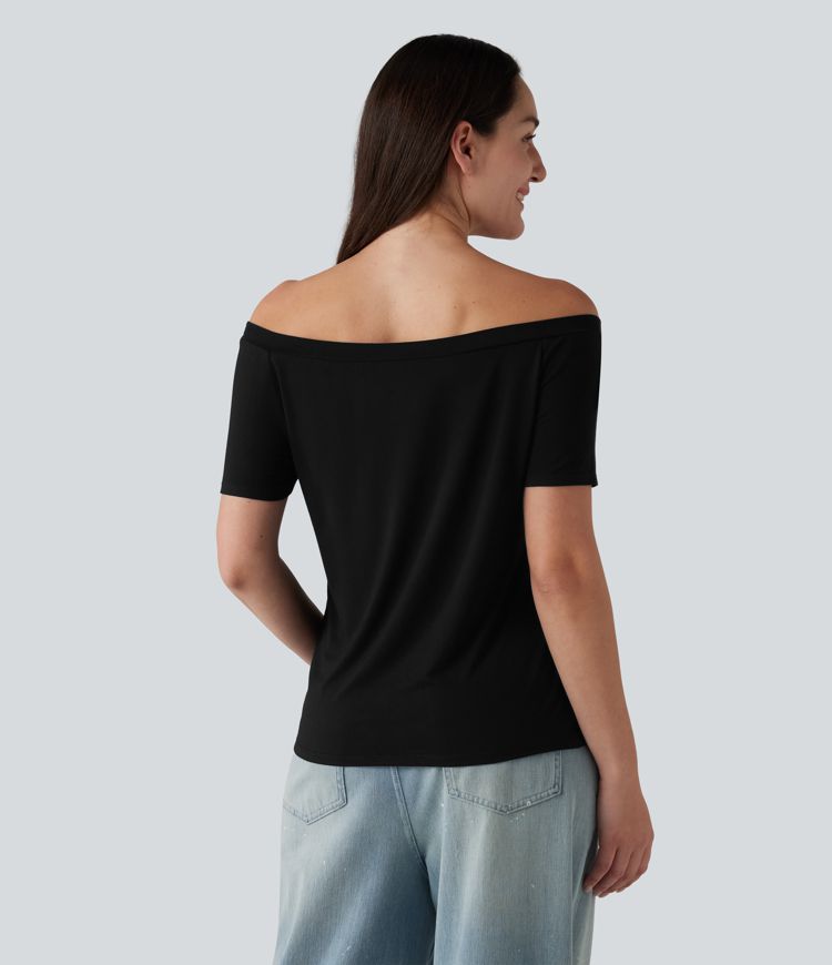 T-shirt casual col épaules dénudées manches courtes