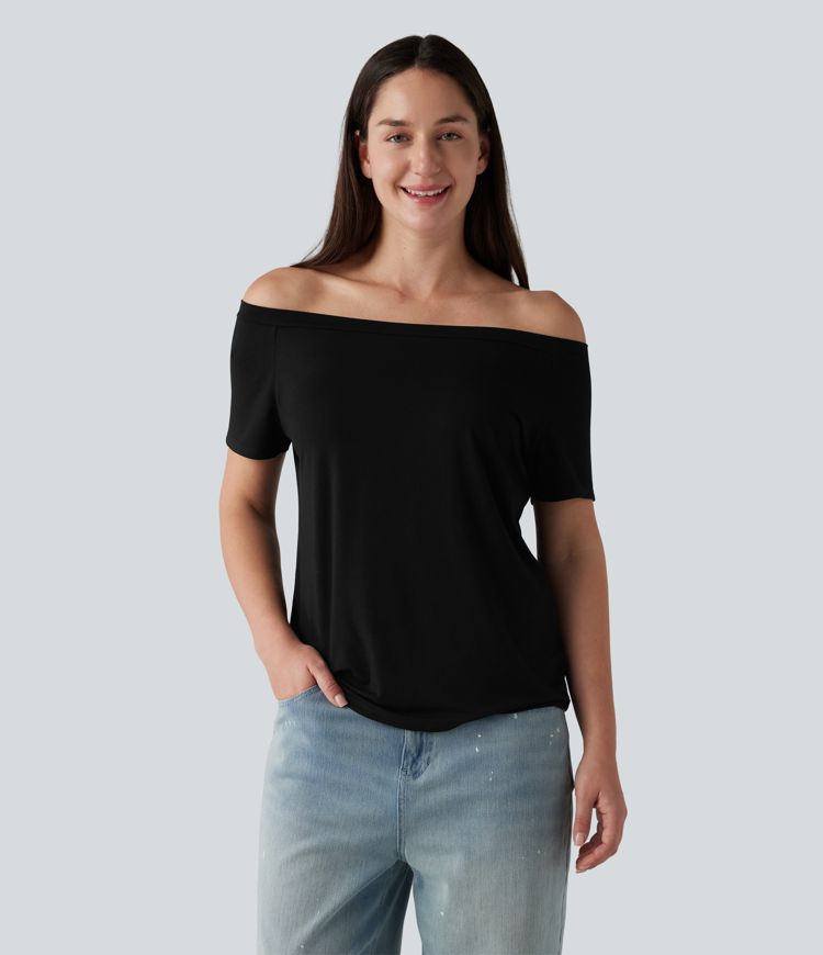 T-shirt casual col épaules dénudées manches courtes