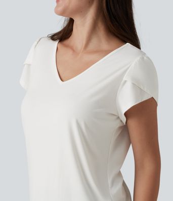 V Neck Petal Short Sleeve Casual T-Shirt