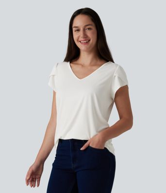 V Neck Petal Short Sleeve Casual T-Shirt