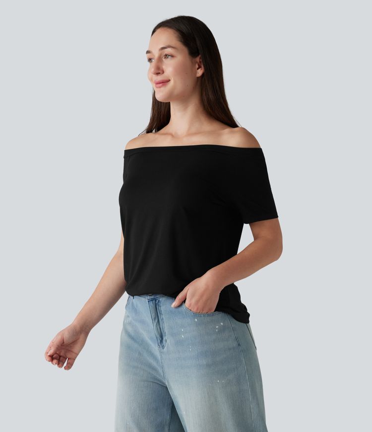 T-shirt casual col épaules dénudées manches courtes