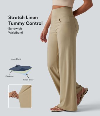 Hochgeschnittene, figurformende Freizeithose aus Stretch-Leinen mit weitem Bein und Taschen