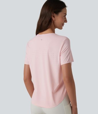 Round Neck Short Sleeve Curved Hem Breathable Mesh Hiking Sports Top