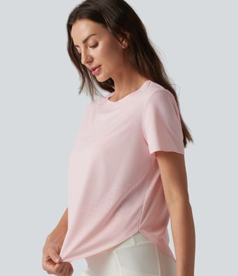 Round Neck Short Sleeve Curved Hem Breathable Mesh Hiking Sports Top
