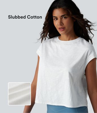 Round Neck Short Sleeve Relaxed Yoga Slubbed Cotton Sports Top