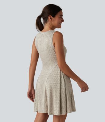 Robe débardeur mini casual évasée col V en maille côtelée avec poches