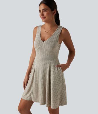 Robe débardeur mini casual évasée col V en maille côtelée avec poches