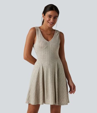 Robe débardeur mini casual évasée col V en maille côtelée avec poches