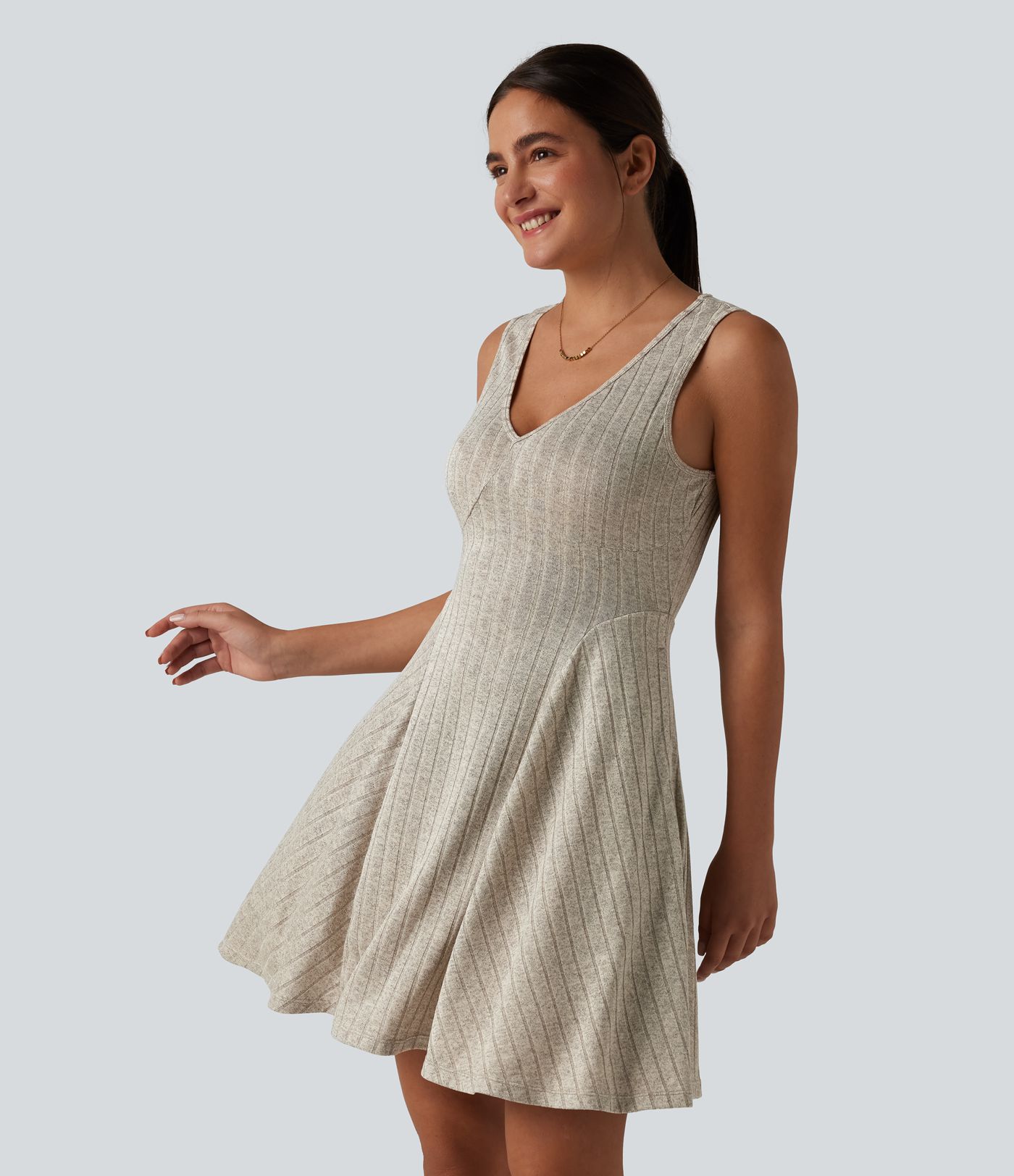 Robe débardeur mini casual évasée col V en maille côtelée avec poches