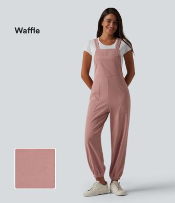 Square Neck Waffle Casual Tapered Overalls with Pockets