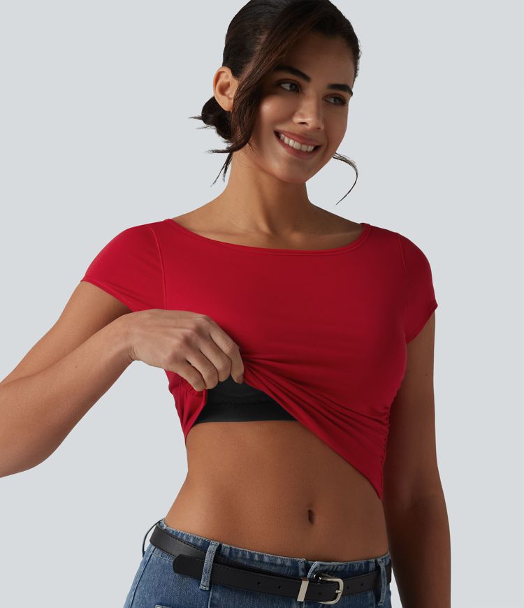 Women's Boat Neck Short Sleeve Built-in Bra Ruched Cropped Casual