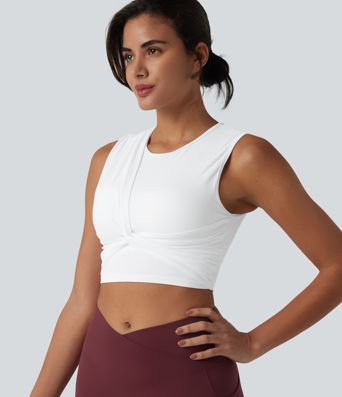 Rippstrick mit gedrehtem Mesh-Overlay, integrierter BH, Cool-Touch, geruchshemmend, kurzes Yoga-Trägershirt – UPF40+