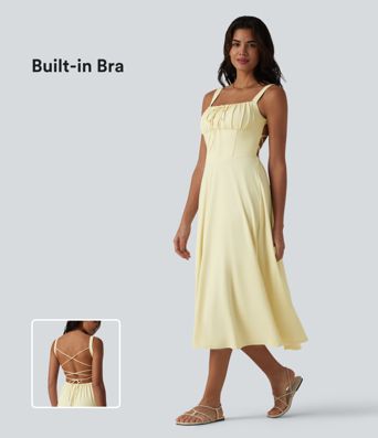 Crisscross Backless Square Neck Sleeveless Ruched Built-in Bra Midi Resort Flowy Dress