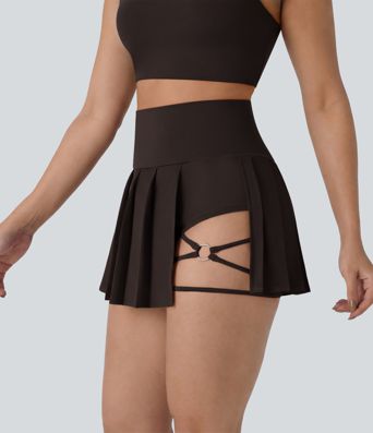 Breezeful™ High Waisted Pleated 2-in-1 Side & Pocket Asymmetric Hem Quick Dry Mini Dance Skirt