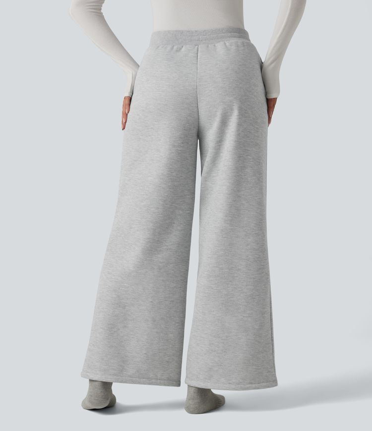 High Waisted Drawstring Straight Leg Lounge Thermal Pants with Pockets