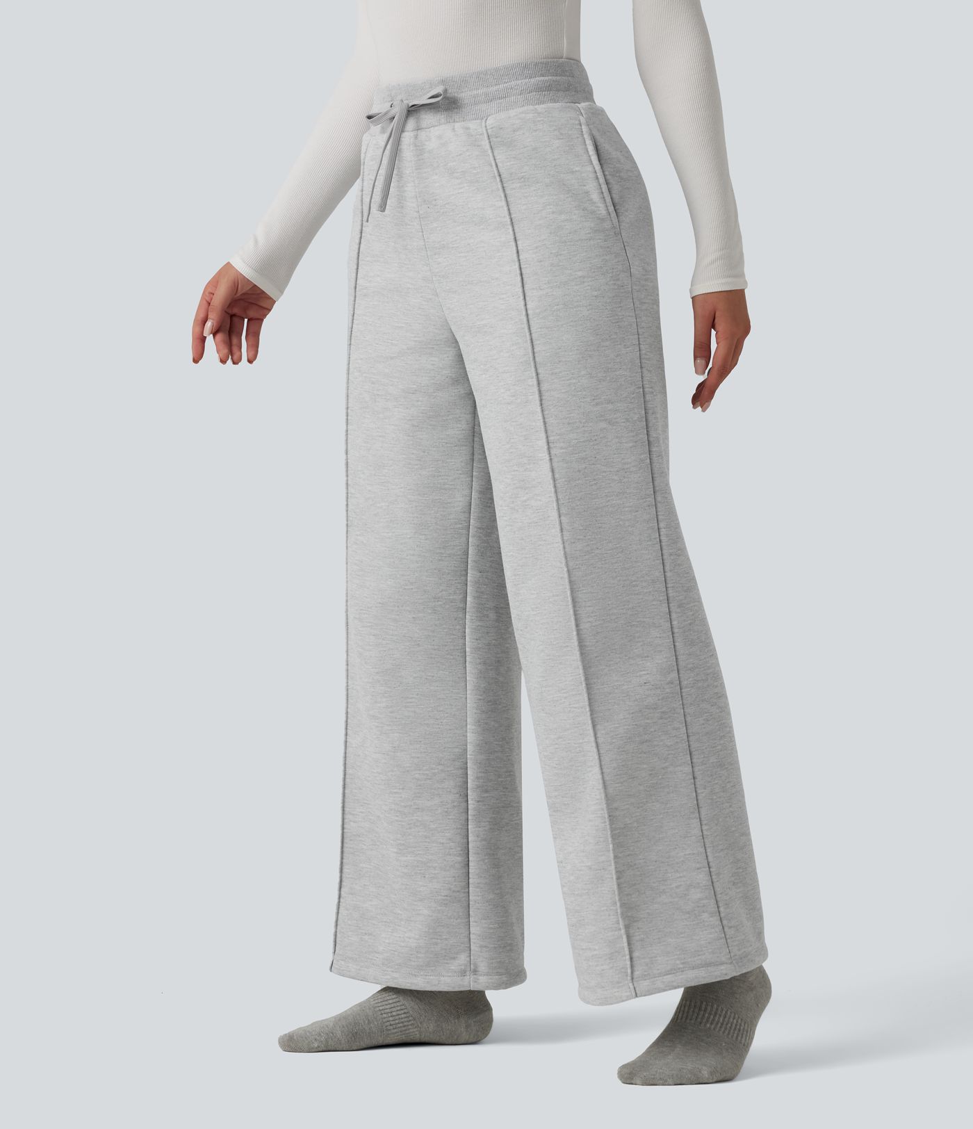 High Waisted Drawstring Straight Leg Lounge Thermal Pants with Pockets