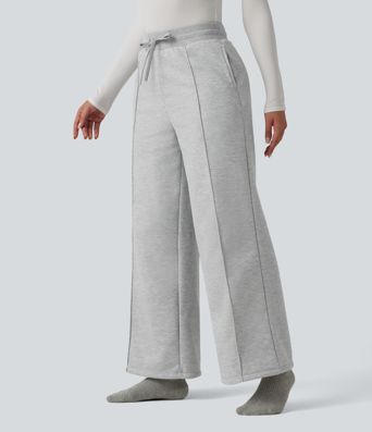 High Waisted Drawstring Straight Leg Lounge Thermal Pants with Pockets
