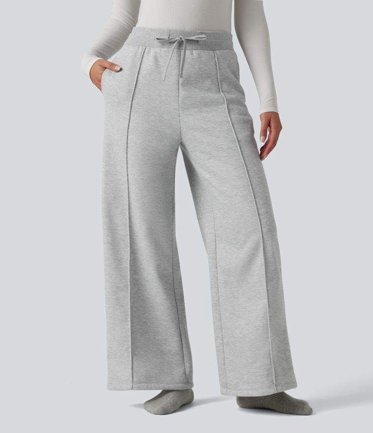 High Waisted Drawstring Straight Leg Lounge Thermal Trousers with Pockets