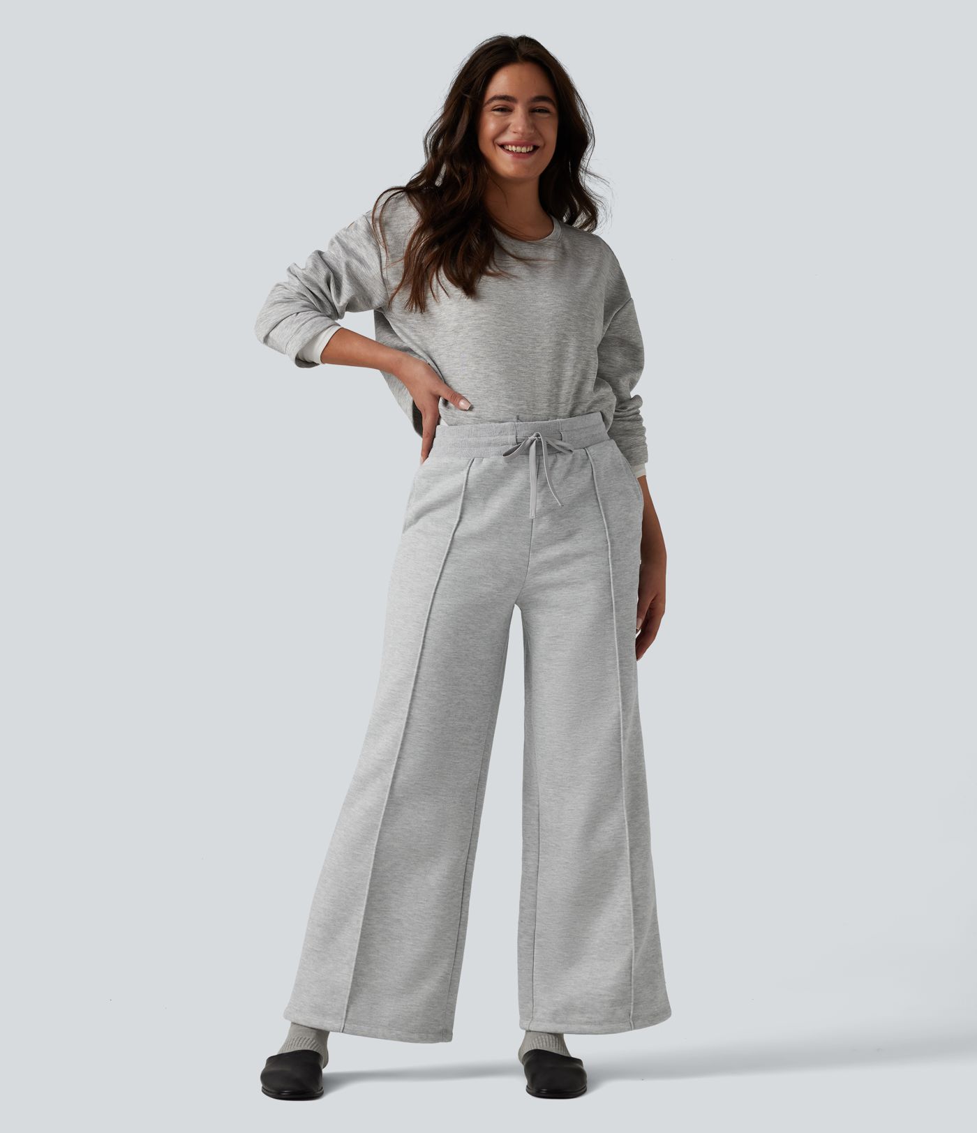 High Waisted Drawstring Straight Leg Lounge Thermal Pants with Pockets