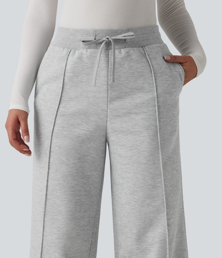 High Waisted Drawstring Straight Leg Lounge Thermal Pants with Pockets