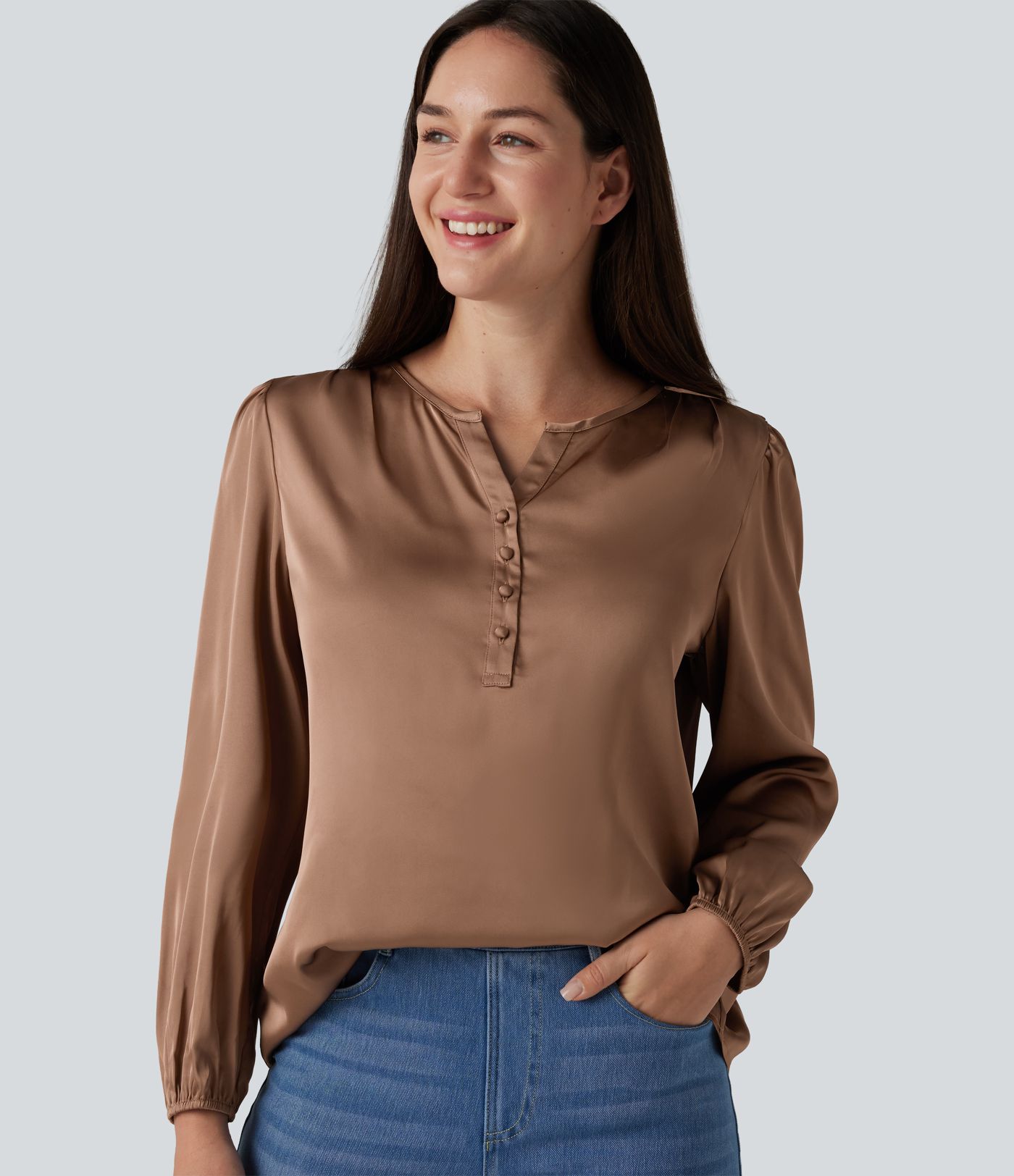 Notched Long Sleeve Work Satin Blouse