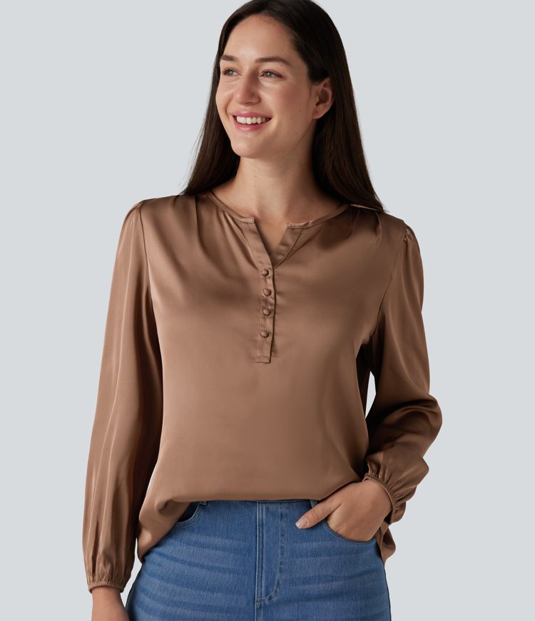 Notched Long Sleeve Work Satin Blouse