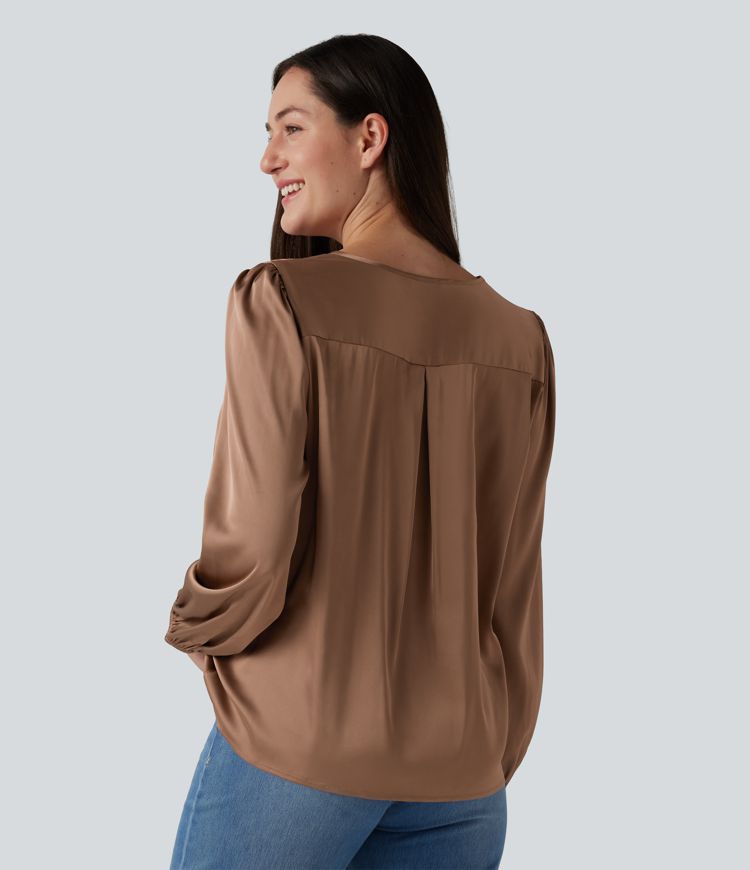 Notched Long Sleeve Work Satin Blouse
