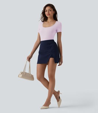U Neck Short Sleeve Snap Skinny Work Bodysuit