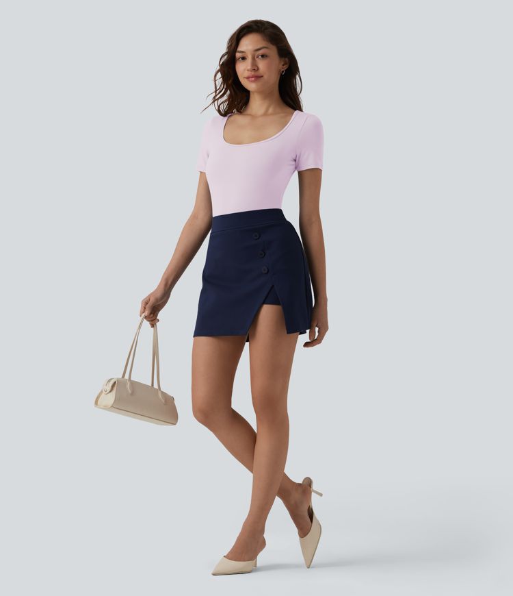 U Neck Short Sleeve Snap Skinny Work Bodysuit